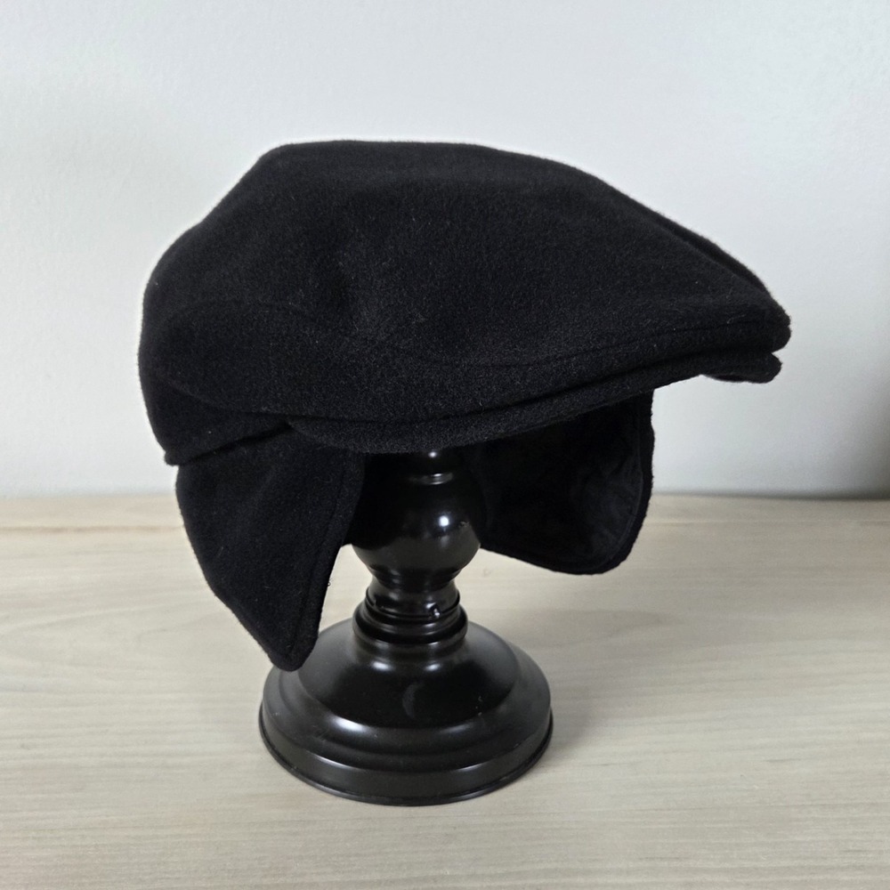 Mucros Weavers Ireland Trinity Black Wool Flat Cap with Ear Flaps Small